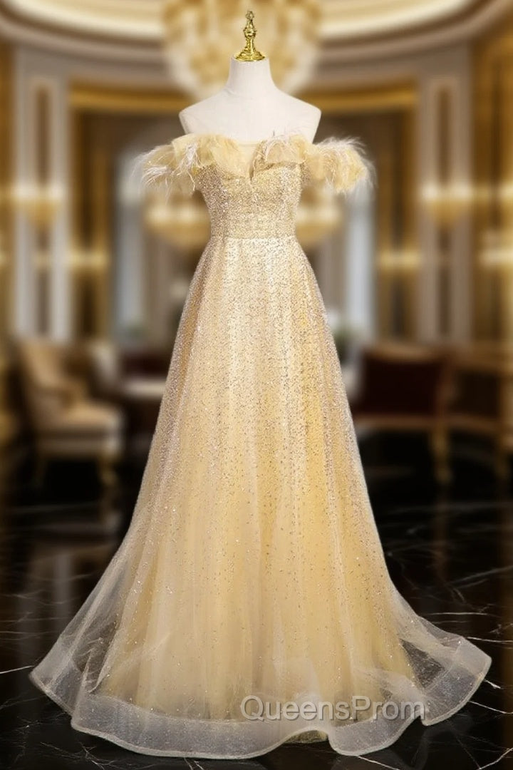 Gold Tulle Sequins Off the Shoulder Evening Prom Dress Main image