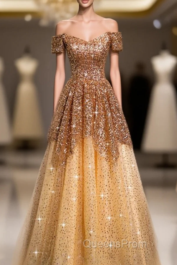 Gold Tulle Sequins Off the Shoulder Short Sleeve Evening Prom Dress