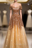Gold Tulle Sequins Off the Shoulder Short Sleeve Evening Prom Dress