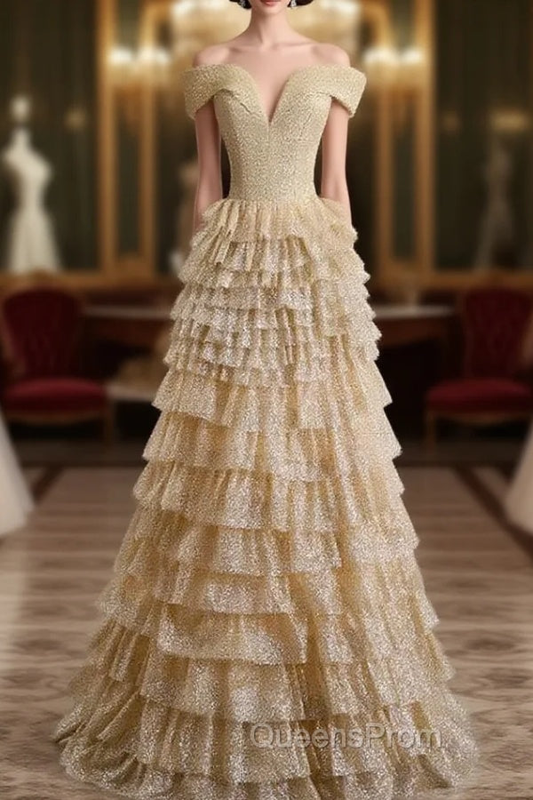 Gold Tulle Sequins Off the Shoulder Tiers Evening Prom Dress Main image