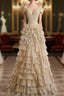 Gold Tulle Sequins Off the Shoulder Tiers Evening Prom Dress