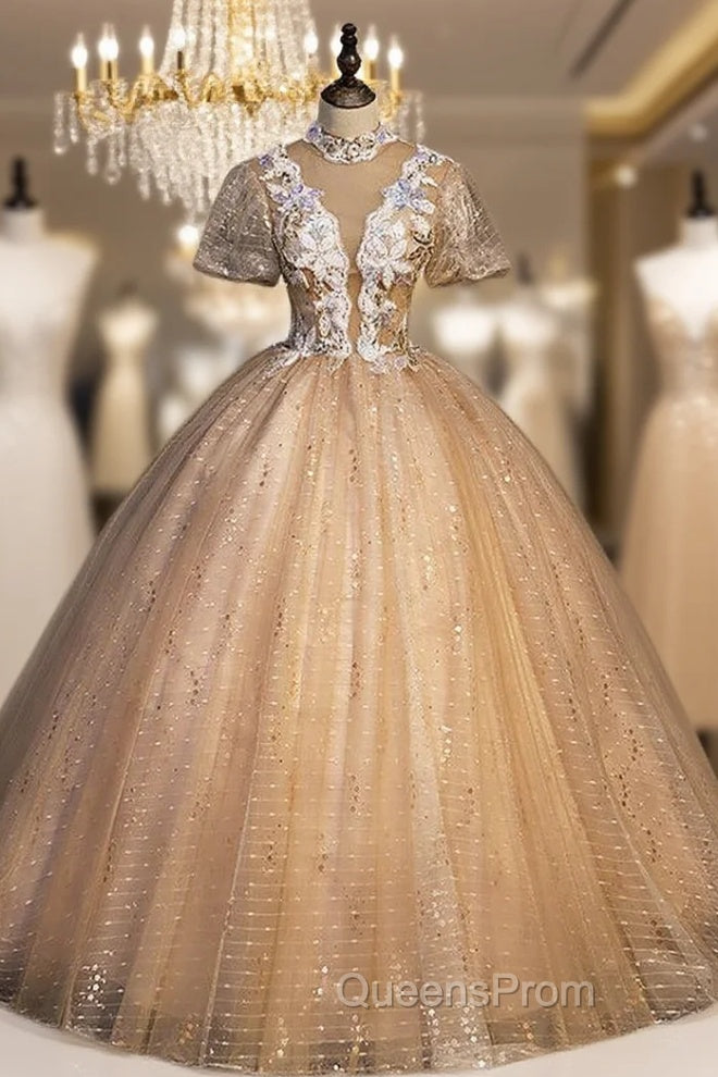 Gold Tulle Sequins Puff Sleeve Appliques Quinceanera Dress Main image