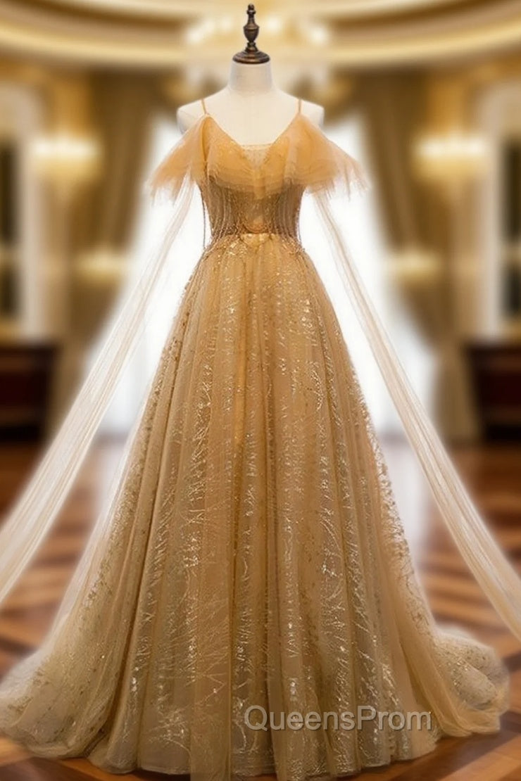 Gold Tulle Sequins Spaghetti Straps Backless Beading Evening Prom Dress
