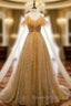 Gold Tulle Sequins Spaghetti Straps Backless Beading Evening Prom Dress