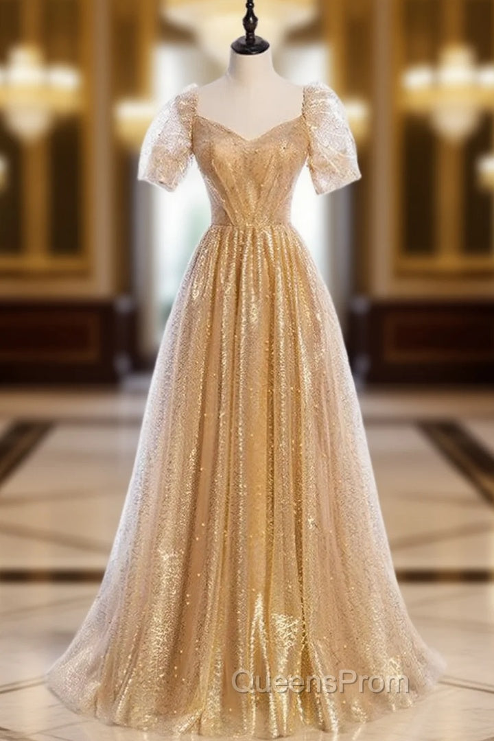 Gold Tulle Sequins Square Short Sleeve Pearls Evening Prom Dress