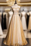 Gold Tulle Sequins Strapless Beading Evening Prom Dress