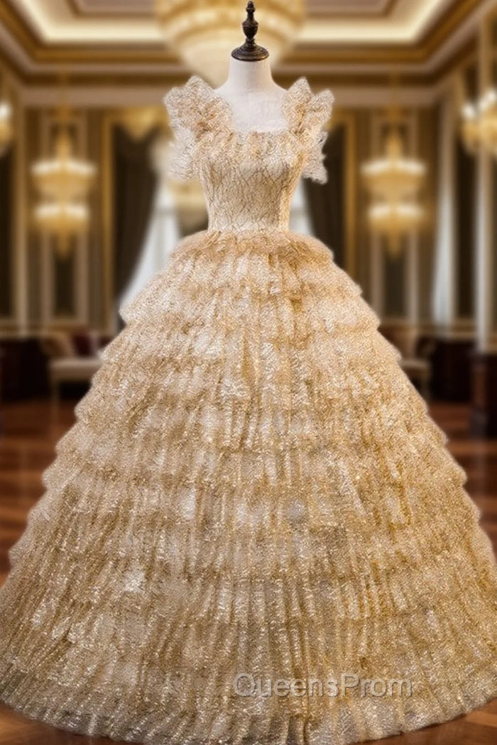 Gold Tulle Sequins Straps Tiers Quinceanera Dress