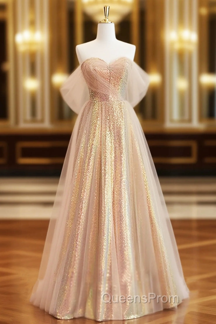 Gold Tulle Sequins Sweetheart Evening Prom Dress