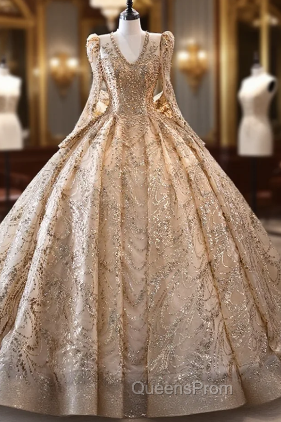 Gold Tulle Sequins V-neck Long Sleeve Evening Prom Dress Main image