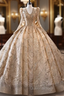Gold Tulle Sequins V-neck Long Sleeve Evening Prom Dress
