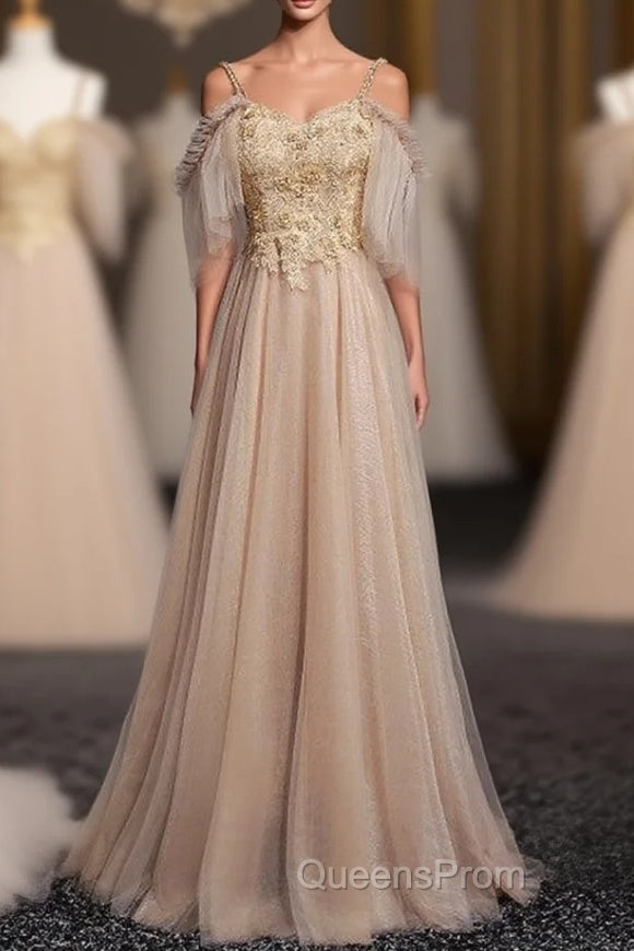 Gold Tulle Spaghetti Straps Appliques Beading Evening Prom Dress Main image