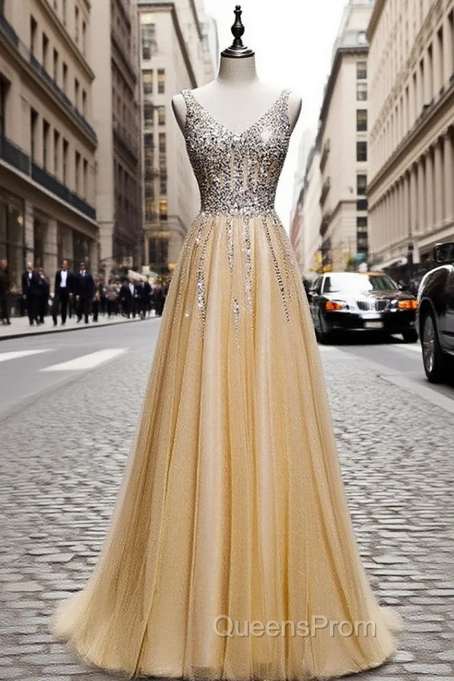 Gold Tulle V-neck Beading Sequins Evening Prom Dress Main image
