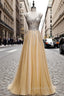 Gold Tulle V-neck Beading Sequins Evening Prom Dress