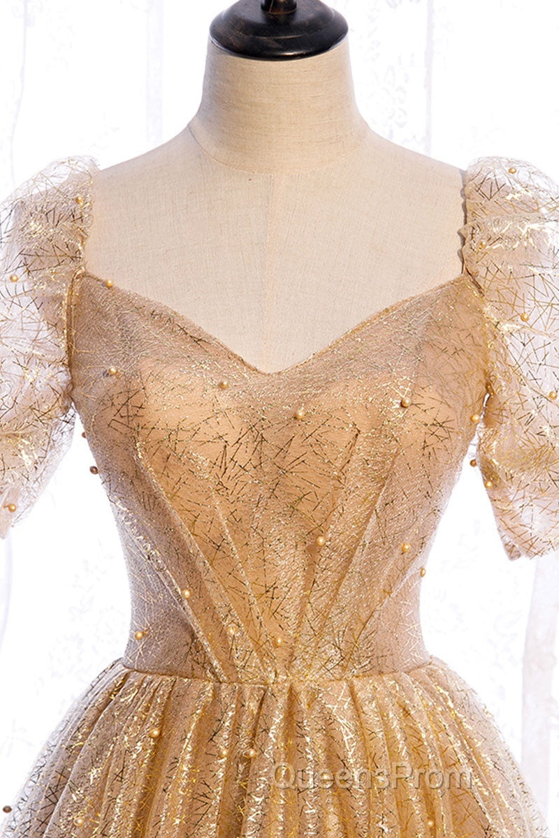 Gold Tulle V Neck Long Evening Prom Dress Gold Tulle Formal Dress