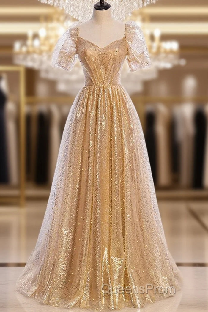 Gold Tulle V Neck Long Evening Prom Dress Gold Tulle Formal Dress Main image