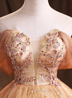Gold Tulle with Beaded Long Sweet 16 Dress, Ball Gown Evening Dress Party Dress