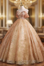 Gold Tulle with Beaded Long Sweet 16 Dress, Ball Gown Evening Dress Party Dress