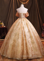 Gold Tulle with Beaded Long Sweet 16 Dress, Ball Gown Evening Dress Party Dress