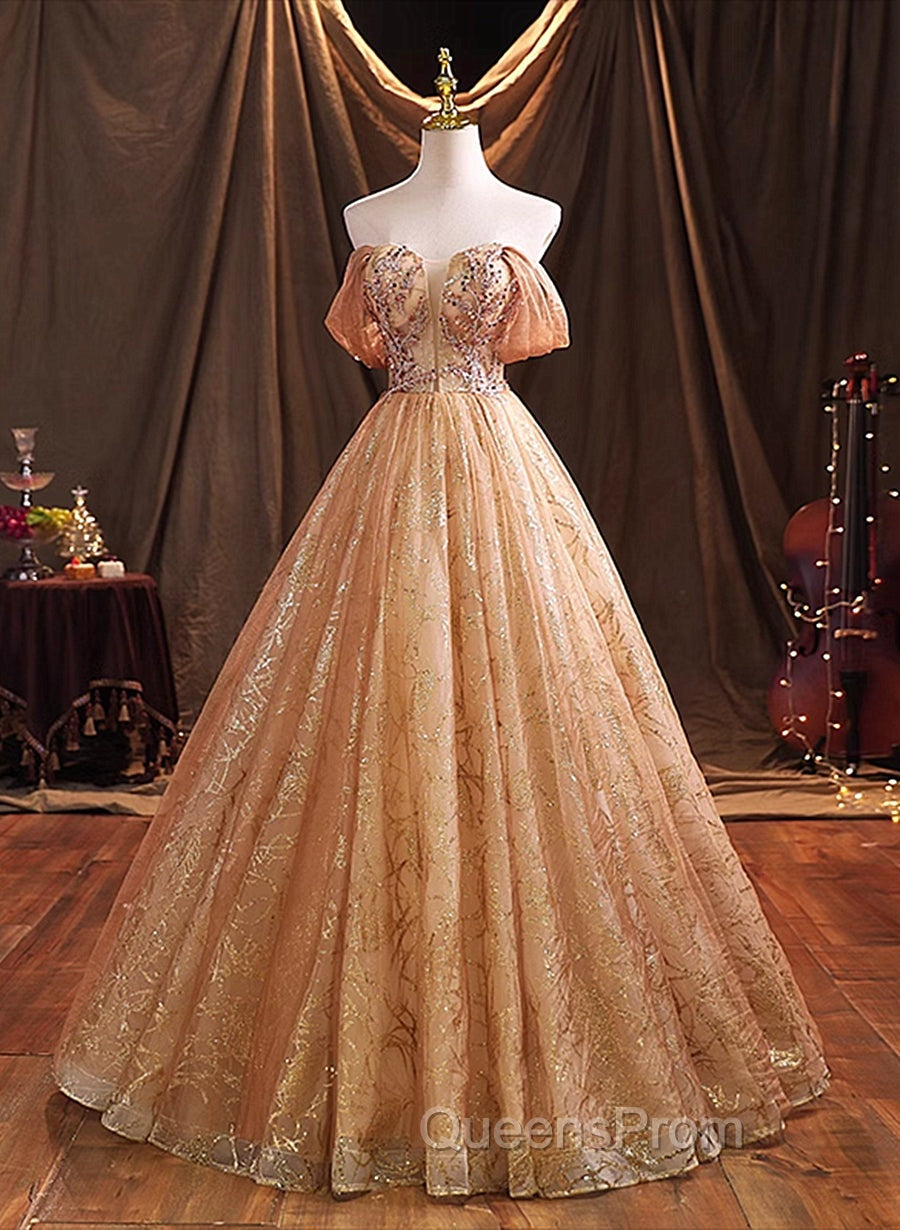 Gold Tulle with Beaded Long Sweet 16 Dress, Ball Gown Evening Dress Party Dress Secondary image