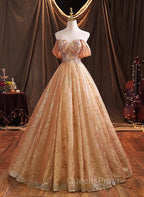 Gold Tulle with Beaded Long Sweet 16 Dress, Ball Gown Evening Dress Party Dress
