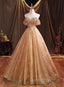 Gold Tulle with Beaded Long Sweet 16 Dress, Ball Gown Evening Dress Party Dress