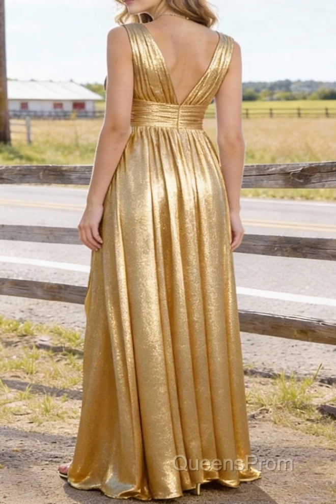 Gold V Neck Floor Length Bridesmaid Dresses Long Bridesmaid Dress With Pleated Split Secondary image