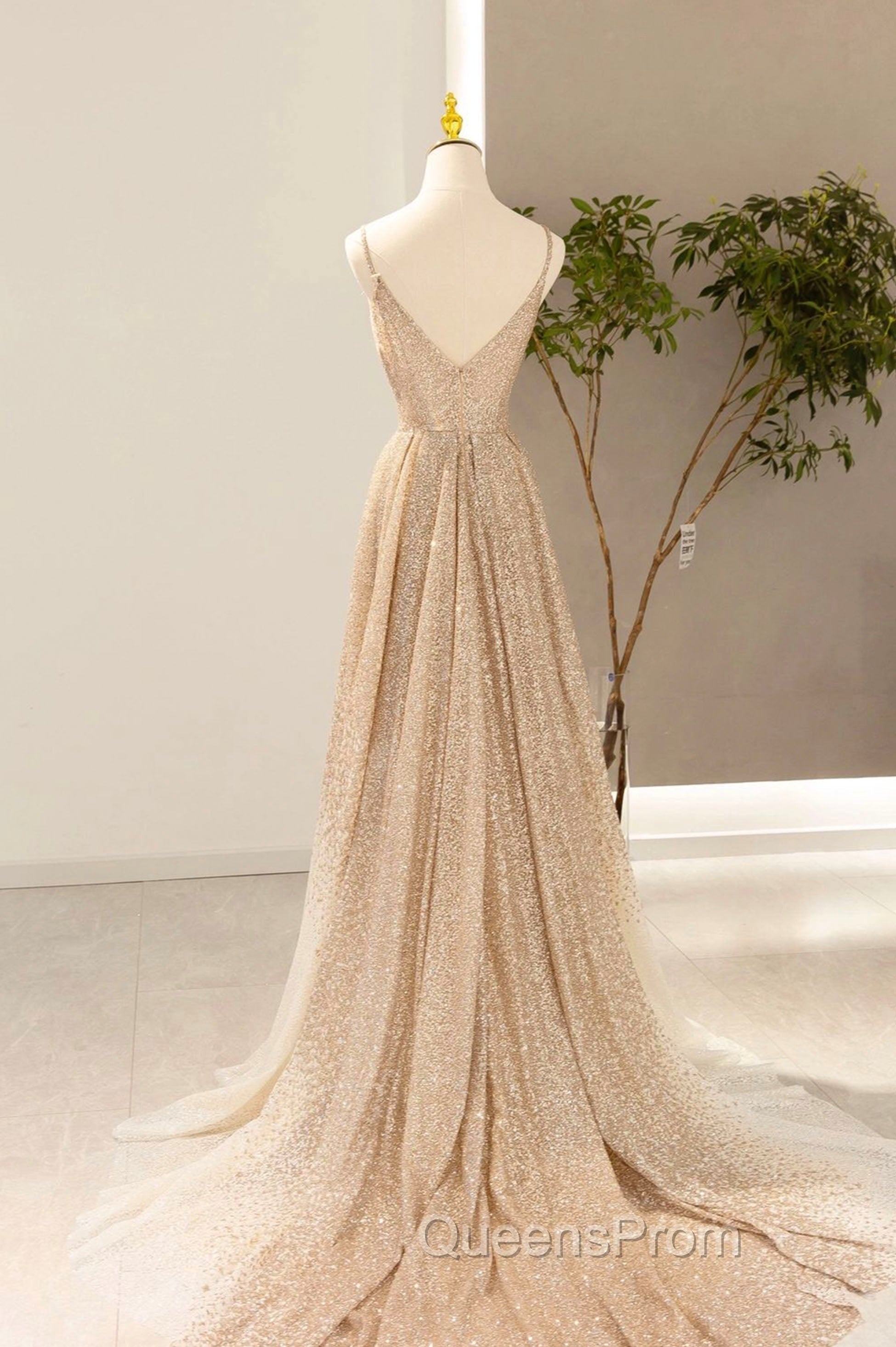 Gold V-Neck Sequins Long Evening Prom Dress, Shiny A-Line Evening Dress