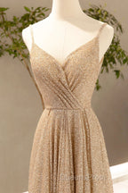 Gold V-Neck Sequins Long Evening Prom Dress, Shiny A-Line Evening Dress