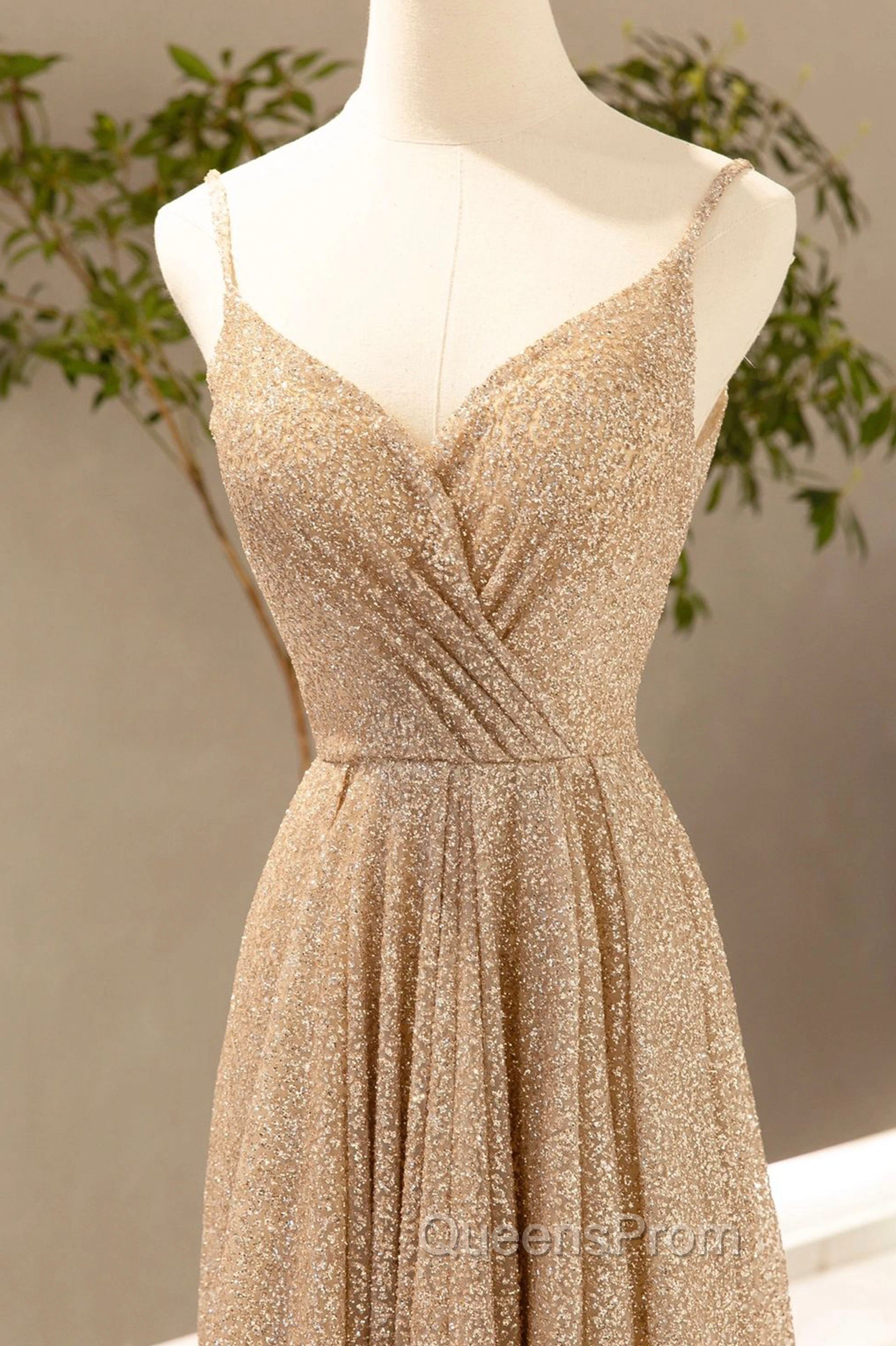 Gold V-Neck Sequins Long Evening Prom Dress, Shiny A-Line Evening Dress