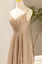 Gold V-Neck Sequins Long Evening Prom Dress, Shiny A-Line Evening Dress