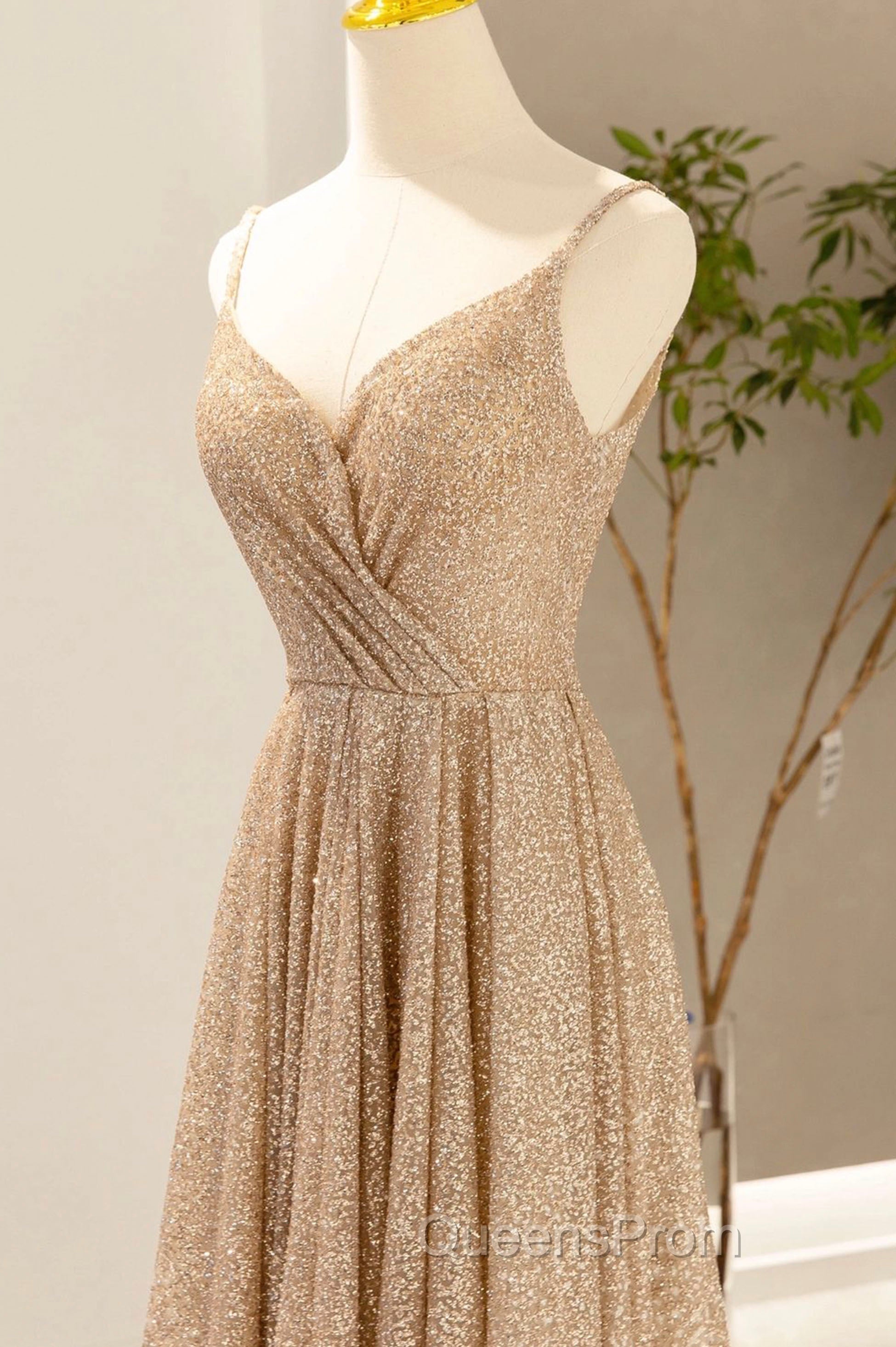 Gold V-Neck Sequins Long Evening Prom Dress, Shiny A-Line Evening Dress