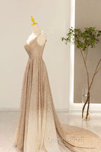 Gold V-Neck Sequins Long Evening Prom Dress, Shiny A-Line Evening Dress