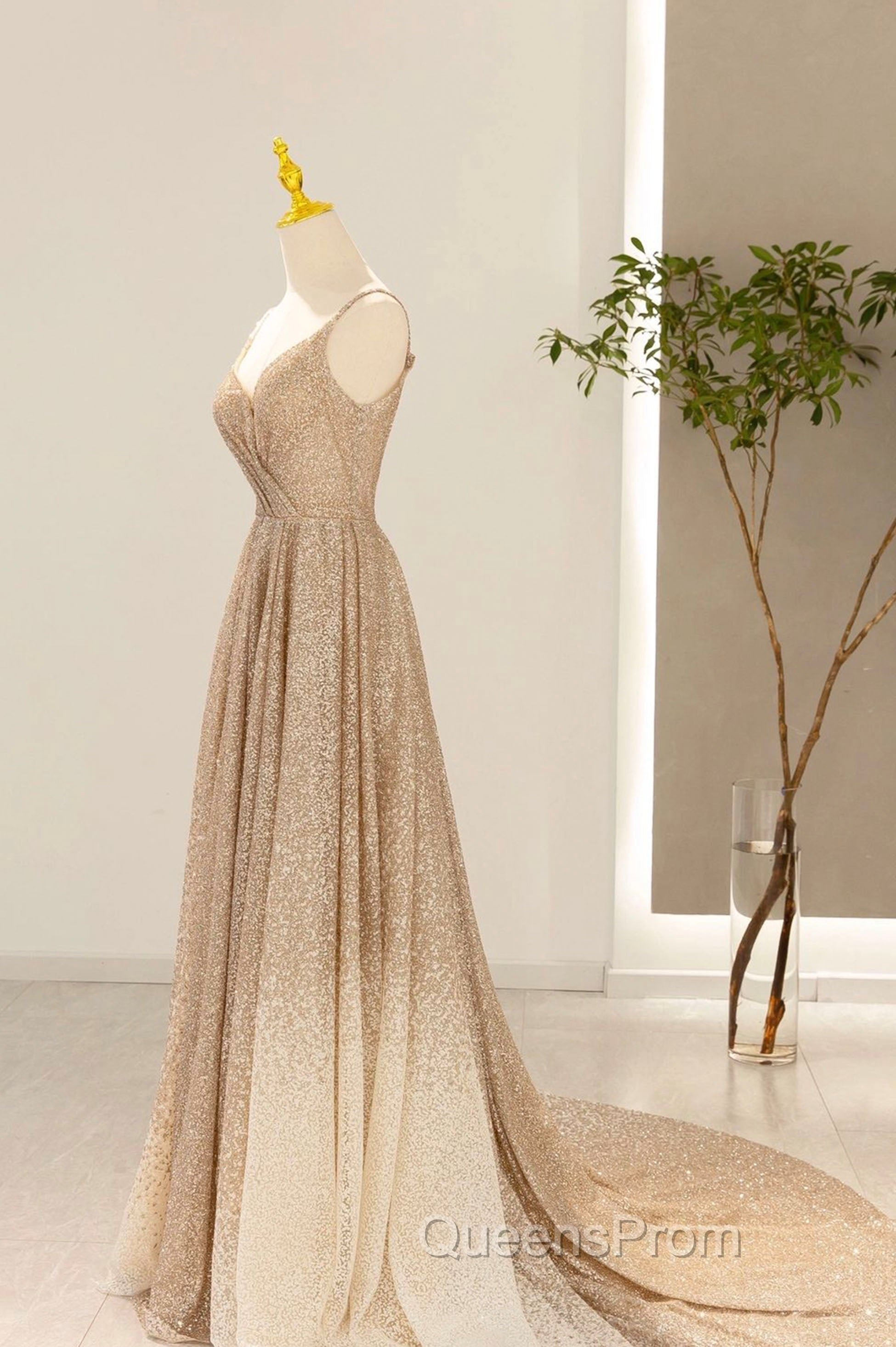 Gold V-Neck Sequins Long Evening Prom Dress, Shiny A-Line Evening Dress