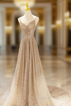 Gold V-Neck Sequins Long Evening Prom Dress, Shiny A-Line Evening Dress
