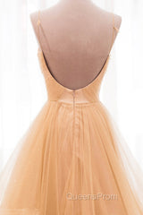 Gold V-Neck Tulle Long Evening Prom Dress, A-Line Evening Dress