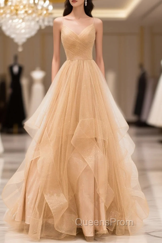 Gold V-Neck Tulle Long Evening Prom Dress, A-Line Evening Dress Main image
