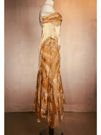 Gold Vintage Floral Satin Applique Spaghetti Straps Chiffon Classy Prom Dress Party Dress