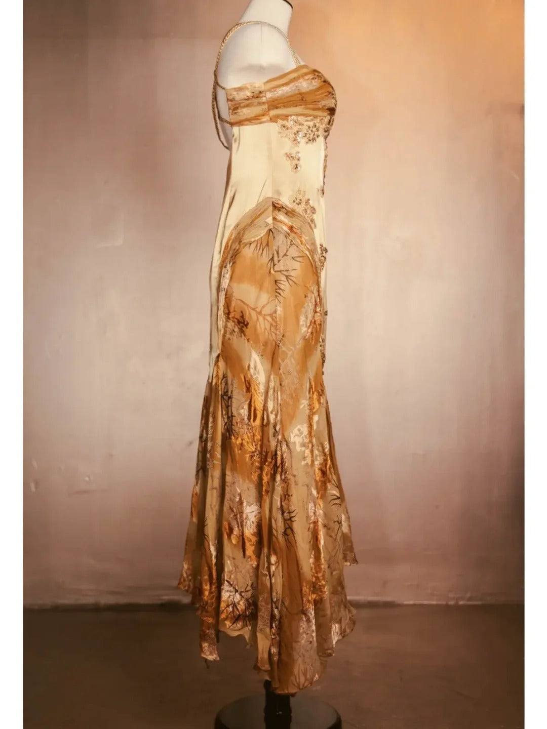 Gold Vintage Floral Satin Applique Spaghetti Straps Chiffon Classy Prom Dress Party Dress