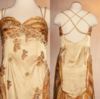 Gold Vintage Floral Satin Applique Spaghetti Straps Chiffon Classy Prom Dress Party Dress