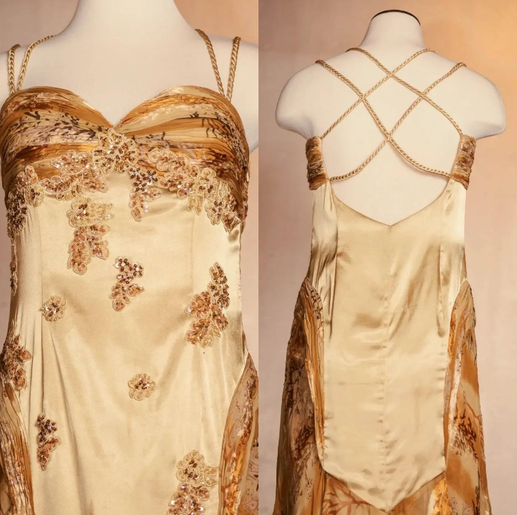 Gold Vintage Floral Satin Applique Spaghetti Straps Chiffon Classy Prom Dress Party Dress