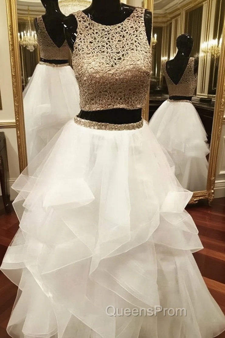 Gold White Ball Gowns Two Piece Tulle Backless Evening Prom Dress