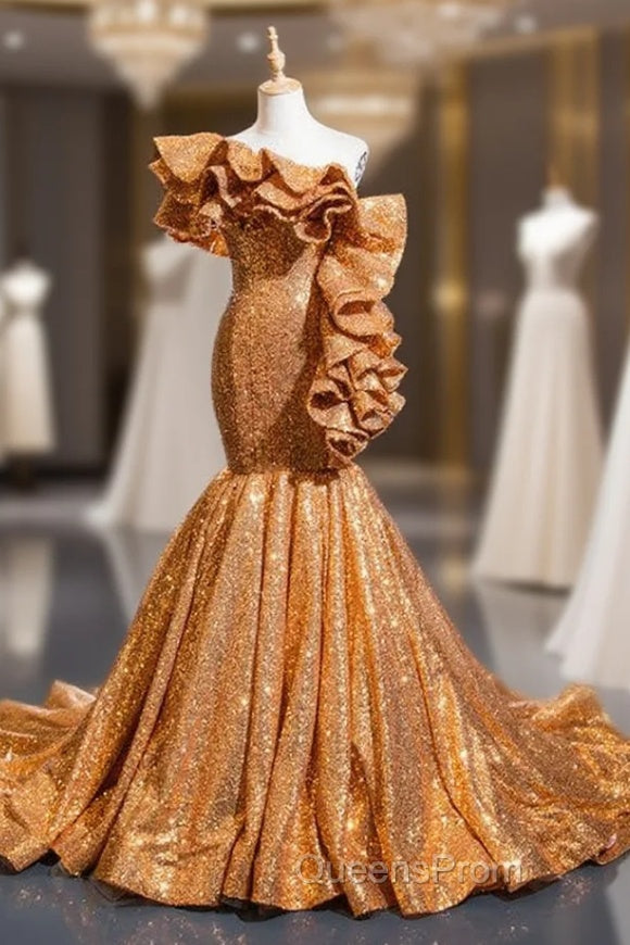 Gold Yellow Mermaid Sequins Asymmetrical Neck Ruffles Evening Prom Dress Main image