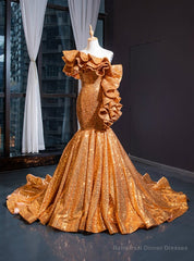 Gold Yellow Mermaid Sequins Asymmetrical Neck Ruffles Prom Dress