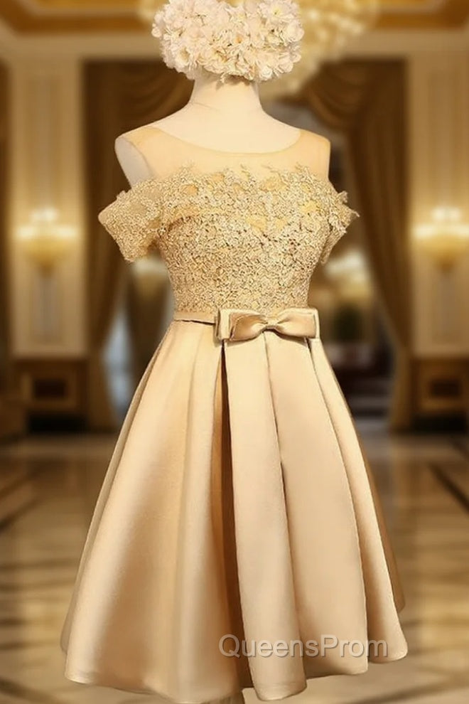 Golden Satin Lace Off Shoulder Short Homecoming Dress, Knee Length Party Dress