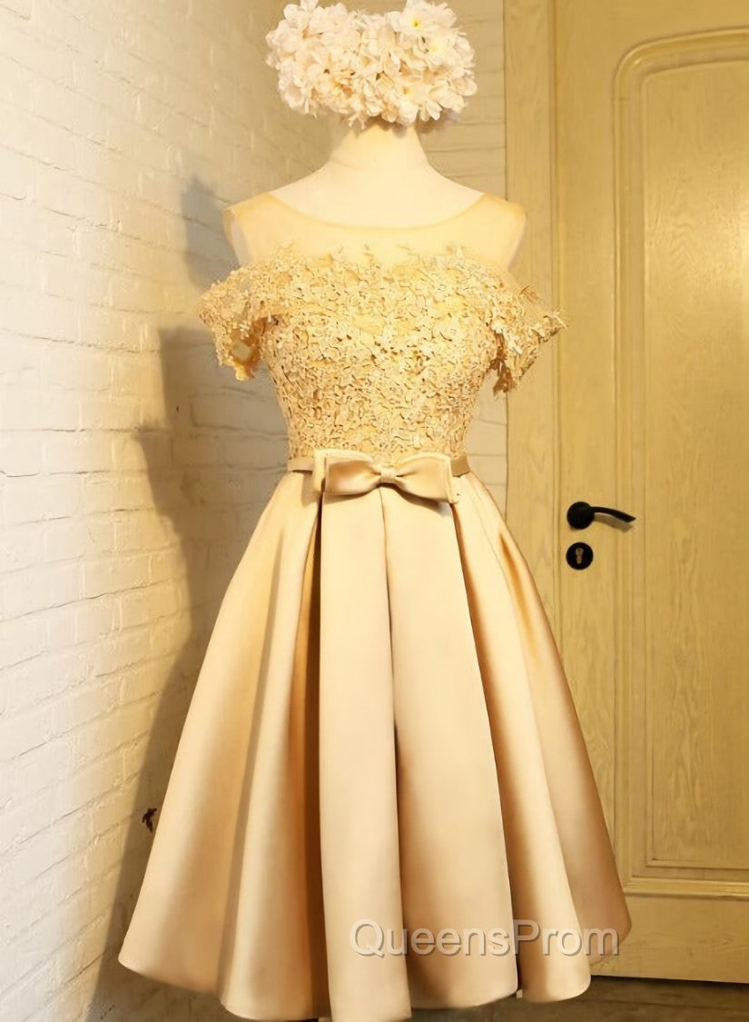 Golden Satin Lace Off Shoulder Short Homecoming Dress, Knee Length Party Dress Secondary image