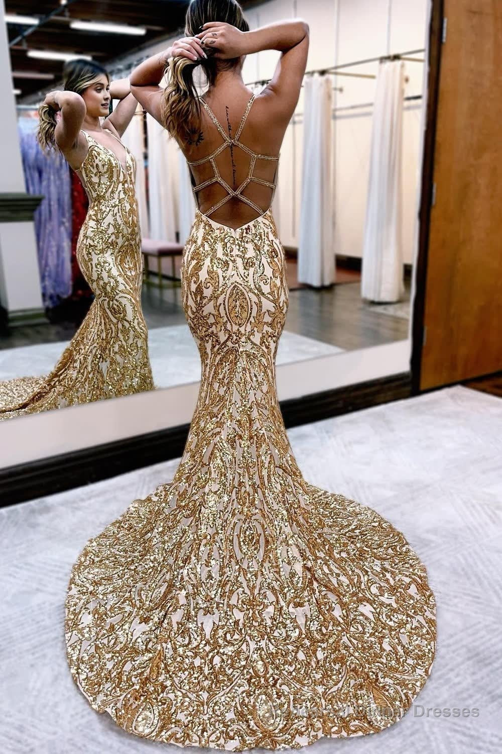 Golden Sequin Sparkly Mermaid Prom Dress Secondary image