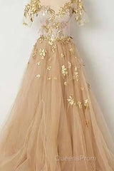 Golden Short Sleeves A-Line Tulle Evening Prom Dress,