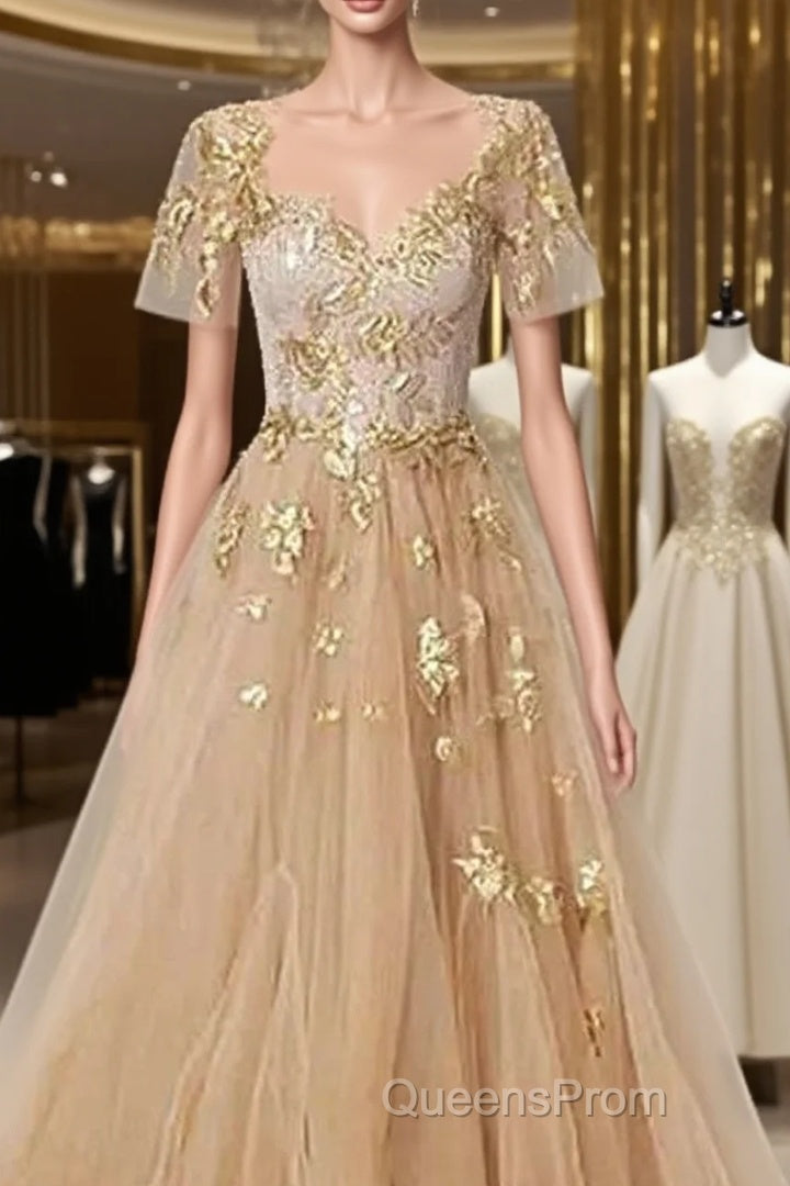 Golden Short Sleeves A-Line Tulle Evening Prom Dress, Main image