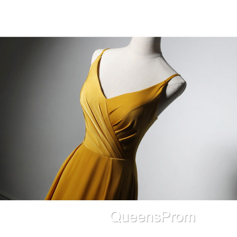 Goleden V-neckline Straps Long Party Dress with Leg Slit, Long Gold Evening Dress Evening Prom Dress