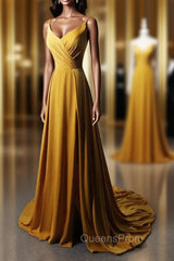 Goleden V-neckline Straps Long Party Dress with Leg Slit, Long Gold Evening Dress Evening Prom Dress